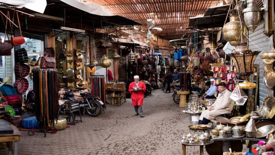 Marrakech, France, 19 October 2019. Locals wandering through the alleys of the souk. (Photo by Emeric Fohlen/NurPhoto via Getty Images)
