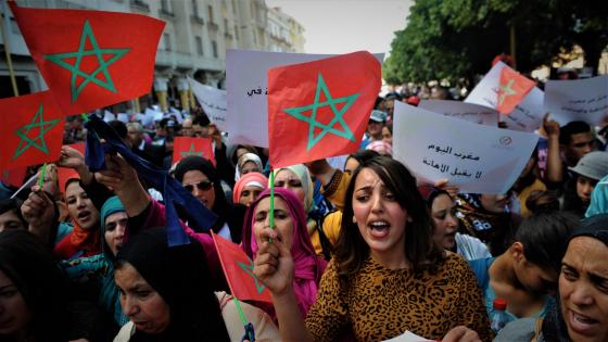 epa04653684 Moroccan women shout slogans during a demonstration on the International Women's Day, in Rabat, Morocco, 08 March 2015. International Women's Day is globally observed on 08 March, in order to highlight the struggles of women across the globe and promote women's rights. EPA/ABDELHAK SENNA